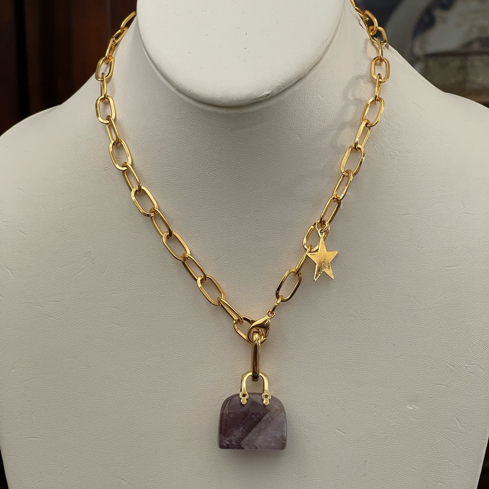 Natural amethyst pendant gold tone paperclip chain